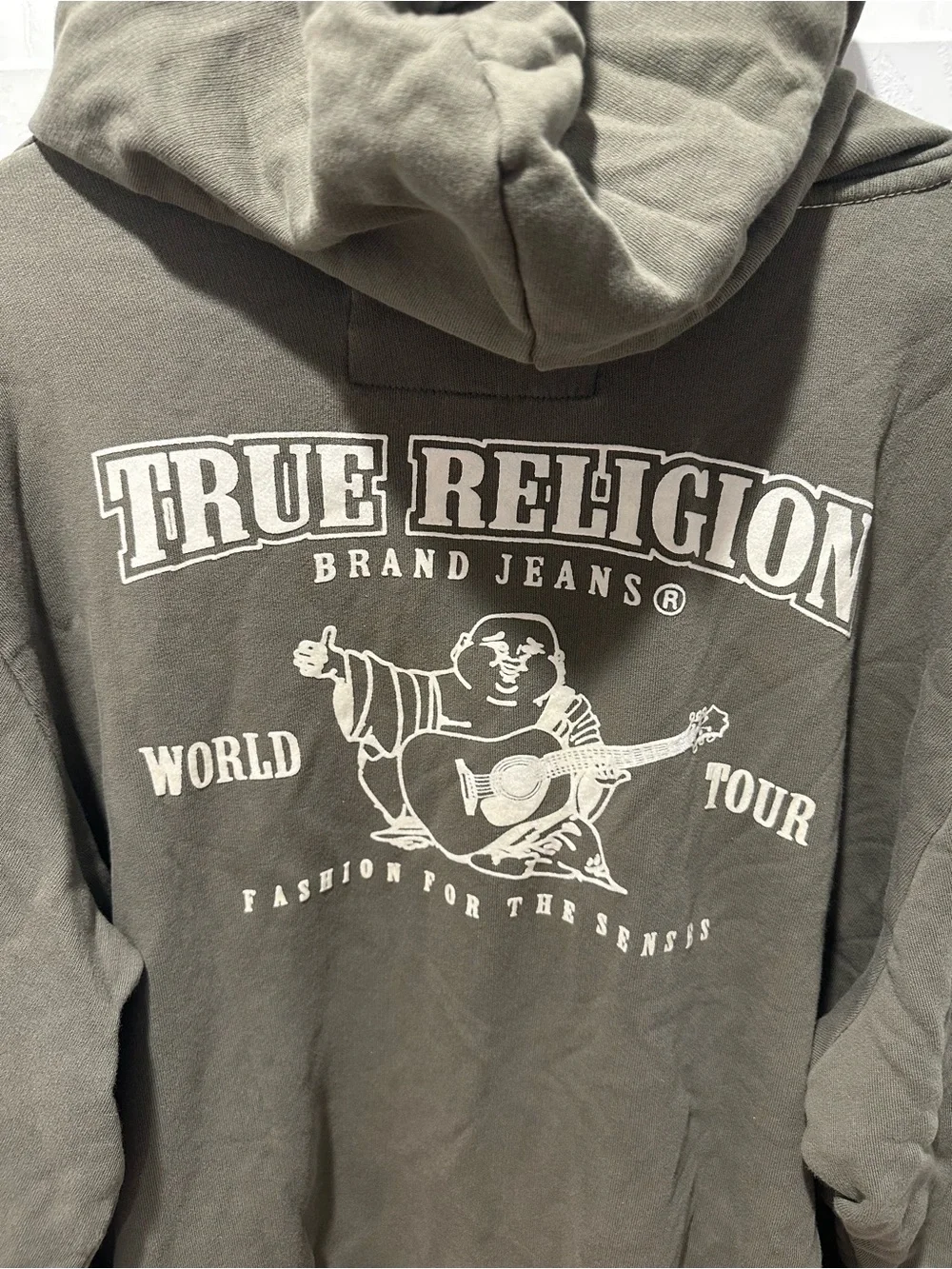True Religion Olive Zip Hoodie with White Logo Accent